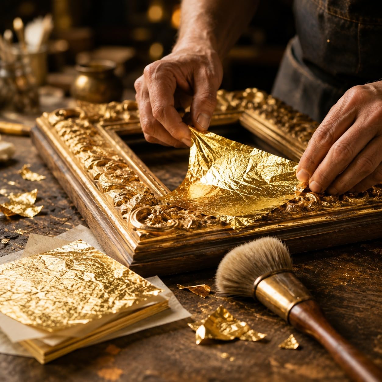 Artisan doreur appliquant une feuille d'or sur un cadre en bois sculpté dans son atelier